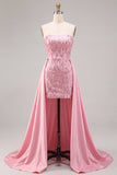 Strapless Pink Bodycon Sequins Homecoming Dress with Sash