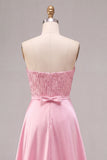 Strapless Pink Bodycon Sequins Homecoming Dress with Sash