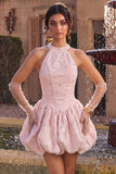 Halter Neck Pink A-Line Floral Corset Jacquard Beaded Homecoming Dress