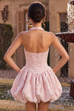 Halter Neck Pink A-Line Floral Corset Jacquard Beaded Homecoming Dress