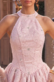 Halter Neck Pink A-Line Floral Corset Jacquard Beaded Homecoming Dress