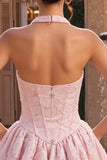 Halter Neck Pink A-Line Floral Corset Jacquard Beaded Homecoming Dress