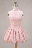 Halter Neck Pink A-Line Floral Corset Jacquard Beaded Homecoming Dress