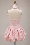 Halter Neck Pink A-Line Floral Corset Jacquard Beaded Homecoming Dress