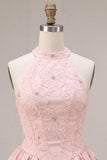 Halter Neck Pink A-Line Floral Corset Jacquard Beaded Homecoming Dress