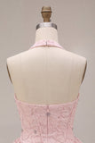 Halter Neck Pink A-Line Floral Corset Jacquard Beaded Homecoming Dress