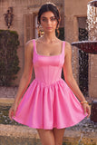 Pink A-Line Corset Square Neck Satin Pearl Short Homecoming Dress