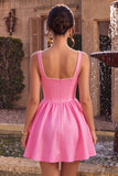 Pink A-Line Corset Square Neck Satin Pearl Short Homecoming Dress