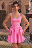 Pink A-Line Corset Square Neck Satin Pearl Short Homecoming Dress