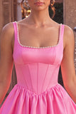 Pink A-Line Corset Square Neck Satin Pearl Short Homecoming Dress