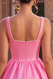 Pink A-Line Corset Square Neck Satin Pearl Short Homecoming Dress