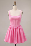 Pink A-Line Corset Square Neck Satin Pearl Short Homecoming Dress