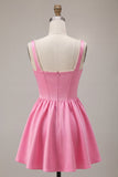 Pink A-Line Corset Square Neck Satin Pearl Short Homecoming Dress
