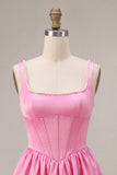Pink A-Line Corset Square Neck Satin Pearl Short Homecoming Dress