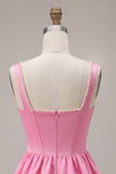 Pink A-Line Corset Square Neck Satin Pearl Short Homecoming Dress