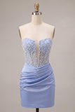 Sky Blue Strapless Satin Ruched Pearl Short Homecoming Dress