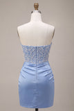 Sky Blue Strapless Satin Ruched Pearl Short Homecoming Dress