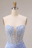 Sky Blue Strapless Satin Ruched Pearl Short Homecoming Dress