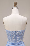 Sky Blue Strapless Satin Ruched Pearl Short Homecoming Dress