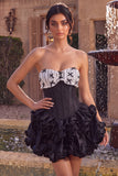 Black Satin A-Line Strapless Tiered Ruffle Corset Homecoming Dress with Lace Up Back