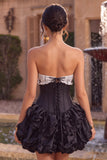 Black Satin A-Line Strapless Tiered Ruffle Corset Homecoming Dress with Lace Up Back