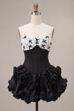 Black Satin A-Line Strapless Tiered Ruffle Corset Homecoming Dress with Lace Up Back
