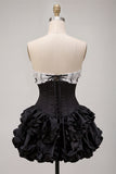 Black Satin A-Line Strapless Tiered Ruffle Corset Homecoming Dress with Lace Up Back