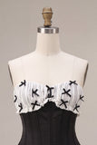 Black Satin A-Line Strapless Tiered Ruffle Corset Homecoming Dress with Lace Up Back
