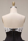 Black Satin A-Line Strapless Tiered Ruffle Corset Homecoming Dress with Lace Up Back