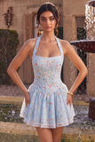 Sky Blue A-Line Halter Neck Corset Floral Short Homecoming Dress with Ruffles