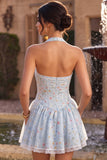 Sky Blue A-Line Halter Neck Corset Floral Short Homecoming Dress with Ruffles