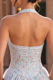 Sky Blue A-Line Halter Neck Corset Floral Short Homecoming Dress with Ruffles