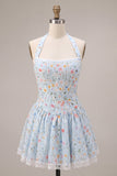 Sky Blue A-Line Halter Neck Corset Floral Short Homecoming Dress with Ruffles