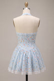 Sky Blue A-Line Halter Neck Corset Floral Short Homecoming Dress with Ruffles