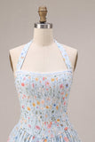 Sky Blue A-Line Halter Neck Corset Floral Short Homecoming Dress with Ruffles