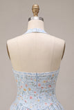 Sky Blue A-Line Halter Neck Corset Floral Short Homecoming Dress with Ruffles