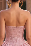 A-Line Pink Strapless Corset Satin Homecoming Dress with Beading