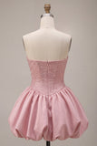 A-Line Pink Strapless Corset Satin Homecoming Dress with Beading