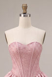 A-Line Pink Strapless Corset Satin Homecoming Dress with Beading