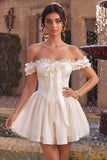 Ivory Off the Shoulder A-Line Corset Satin Homecoming Dress with Ruffles