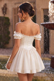 Ivory Off the Shoulder A-Line Corset Satin Homecoming Dress with Ruffles