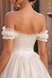 Ivory Off the Shoulder A-Line Corset Satin Homecoming Dress with Ruffles