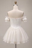 Ivory Off the Shoulder A-Line Corset Satin Homecoming Dress with Ruffles