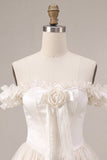 Ivory Off the Shoulder A-Line Corset Satin Homecoming Dress with Ruffles