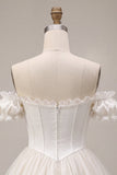 Ivory Off the Shoulder A-Line Corset Satin Homecoming Dress with Ruffles
