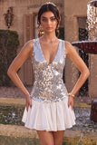Sparkly Silver A-Line Sequins V-Neck Homecoming Dress with Ruffles