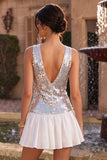 Sparkly Silver A-Line Sequins V-Neck Homecoming Dress with Ruffles