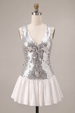 Sparkly Silver A-Line Sequins V-Neck Homecoming Dress with Ruffles