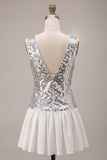Sparkly Silver A-Line Sequins V-Neck Homecoming Dress with Ruffles