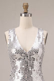 Sparkly Silver A-Line Sequins V-Neck Homecoming Dress with Ruffles